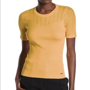 Tahari Womens Short Sleeve Crew Neck Pointelle Ribbed Knit Sweater Mustard S